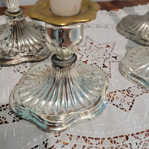 Vintage Candle Stick Set Of 4 Holders Silver Plated Made in England 2-tone - Picture 10 of 16